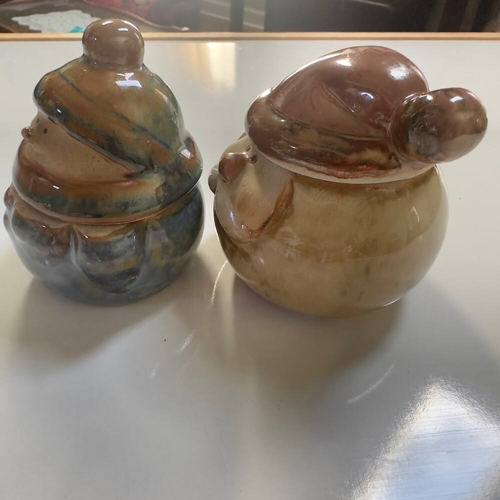 Set of 2 Christmas Snowman Santa Folk Art Stoneware Pottery Jar or Trinket Box - Picture 3 of 15